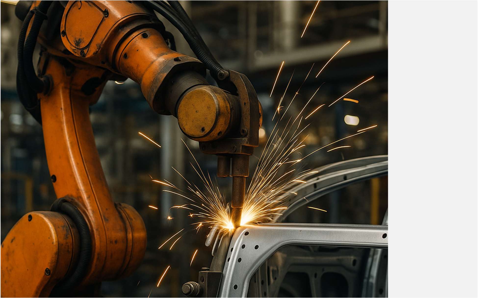 Soldadura robótica automotriz con brazo industrial y chispas